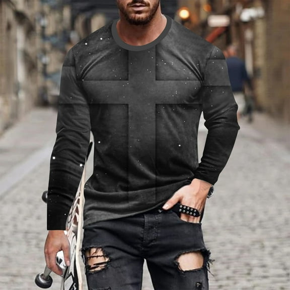 Cross Printed Tops Mens Funny 3D Print Tees Shirts Long Sleeve Shirt for Men Causal Crew Neck Top Workout Athletics Tee Top