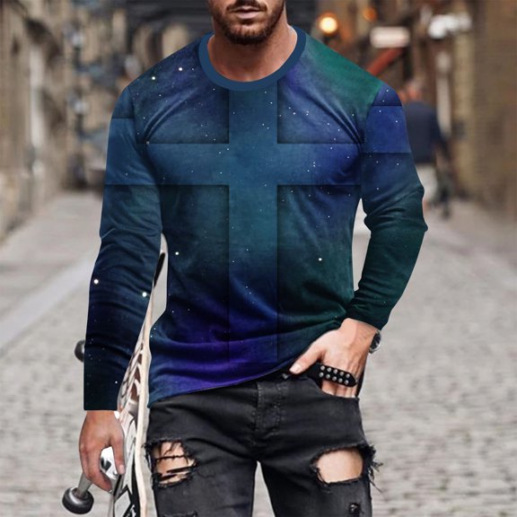 Cross Printed Tops Mens Funny 3D Print Tees Shirts Long Sleeve Shirt for Men Causal Crew Neck Top Workout Athletics Tee Top