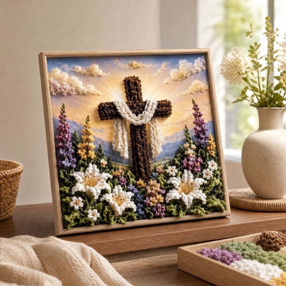 Cross Punch Needle Art Kit With Wooden Frame, Yarn Flower Embroidery Set for Adults and Beginners, Religious Easter Home Decor, 7.87 x 7.87 Inch
