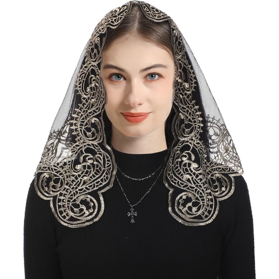 Cross Religious Lace Veil- Catholic Embroidered Cross and Shell Creative Design Religious Ladies Prayer Lace Veil