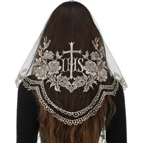 Cross Religious Lace Veil- Catholic Embroidered Cross and Shell Creative Design Religious Ladies Prayer Lace Veil