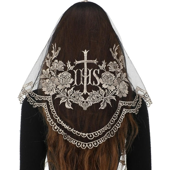 Cross Religious Lace Veil- Catholic Embroidered Cross and Shell Creative Design Religious Ladies Prayer Lace Veil