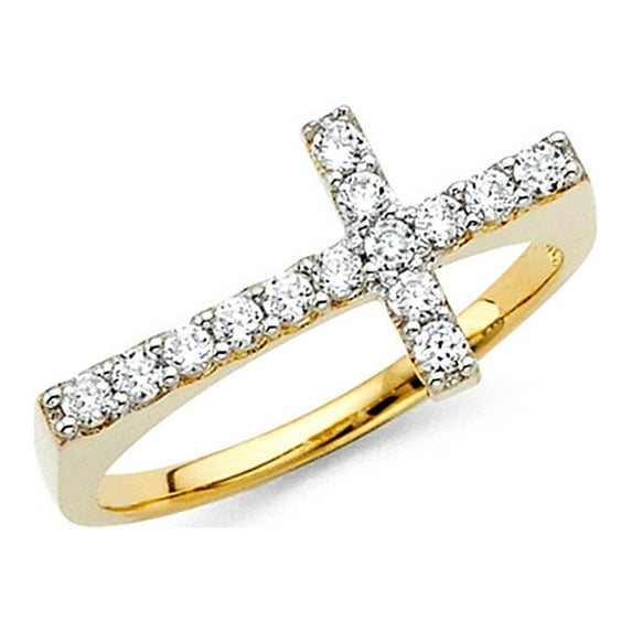 Cross Ring 14k Yellow Gold CZ Religious Band Stylish Pave Set Polished Finish Fancy Size 7.5