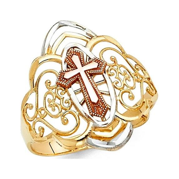 Cross Ring 14k Yellow White Rose Gold Religious Band Filigree Design Fancy Solid Tri Color 20MM, Size 8.5
