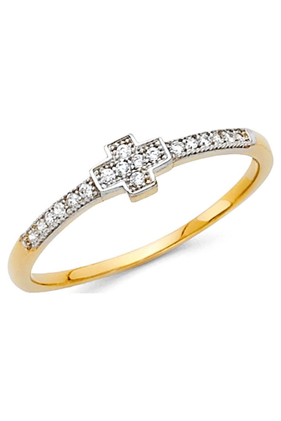 Cross Ring CZ Solid 14k Yellow Gold Band Religious Style Beaded Design Polished Finish Fancy, Size 8.5