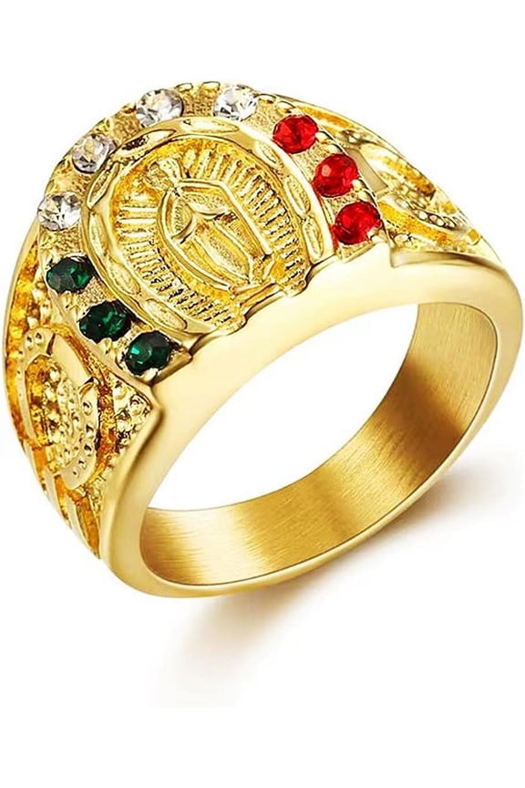 Cross Ring Iced out Ring for men with Ruby Emerald and CZ Horseshoe cut Hip Hop ring Catholic style 316 Stainless Steel Radiant Biker Rings Bling Cuban style Punk Ring Heavy Metal ring Ceremony