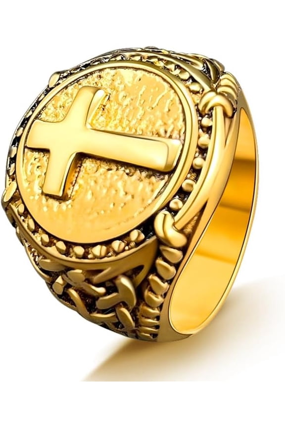 Cross Ring for Men Stainless Steel Celtic Knot Ring, 18K Gold Plated Metal, Retro Vintage Religious Chrisitan Norse Viking Cross Ring, Size 7-13, with Gift Box