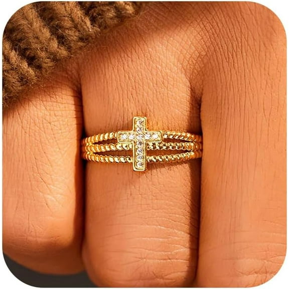 Cross Ring for Women 925 Silver Sterling 14K Gold Plated CZ Cross Ring to Wife Exquisite Shiny Cross Open Adjustable Ring for Women Men Couple Wedding Christmas Jewelry Gifts Graduation Gift