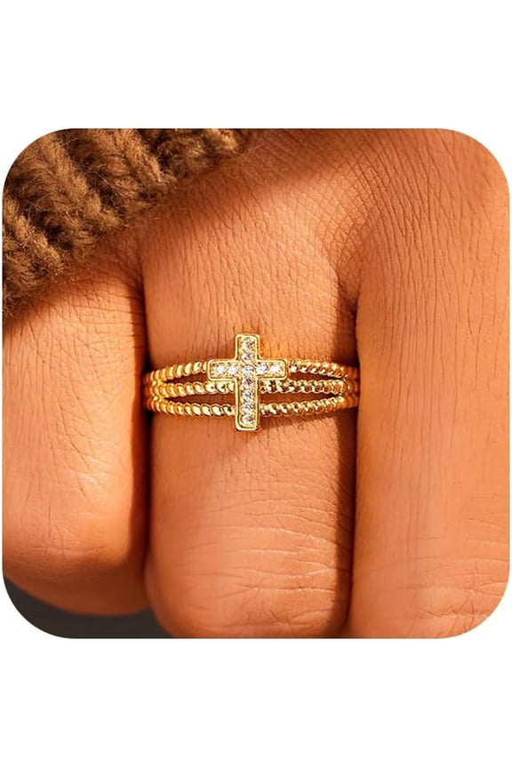 Cross Ring for Women 925 Silver Sterling 14K Gold Plated CZ Cross Ring to Wife Exquisite Shiny Cross Open Adjustable Ring for Women Men Couple Wedding Christmas Jewelry Gifts Graduation Gift