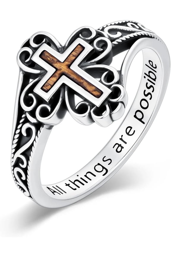 Cross Ring for Women 925 Sterling Silver Wooden Cross Ring Religious Christian Jewelry Size 6