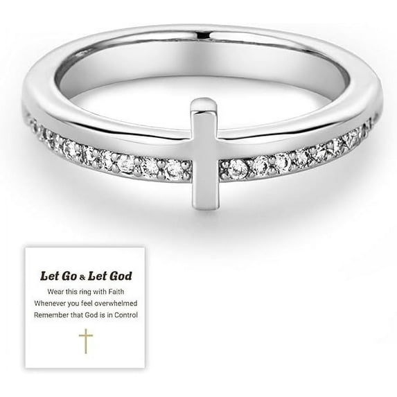 Cross Ring for Women Non Tarnish, Cubic Zirconia Purity Ring for Christian, Engrave Let Go & Let God Dainty Trendy Religious Pray Ring