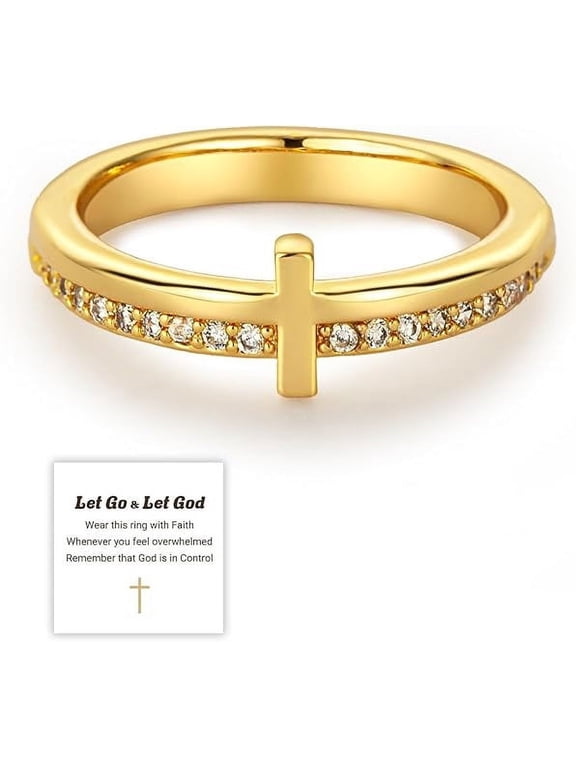 Cross Ring for Women Non Tarnish, Cubic Zirconia Purity Ring for Christian, Engrave Let Go & Let God Dainty Trendy Religious Pray Ring