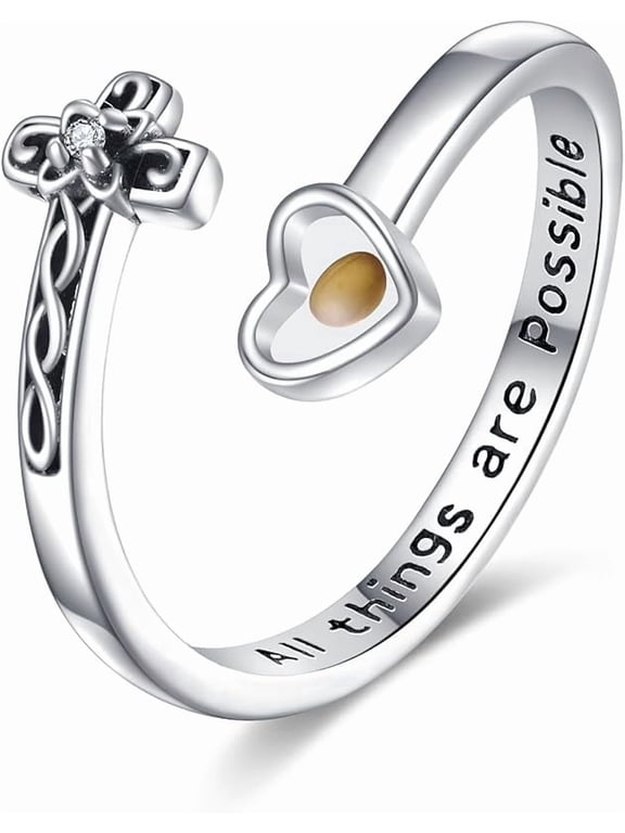 Cross Rings S925 Sterling Silver Cross Mustard Seed Open Ring Adjustable Christian Faith Ring Religious Jewelry for Women