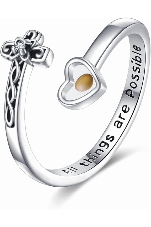 Cross Rings S925 Sterling Silver Cross Mustard Seed Open Ring Adjustable Christian Faith Ring Religious Jewelry for Women