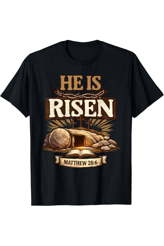 Cross He is Risen Jesus Religious Easter Christian Men Women T-Shirt- 2026 Easter Soft Casual Cotton Short Sleeve T-Shirt Easter Bunny & Eggs Lightweight Graphic Holiday Tee