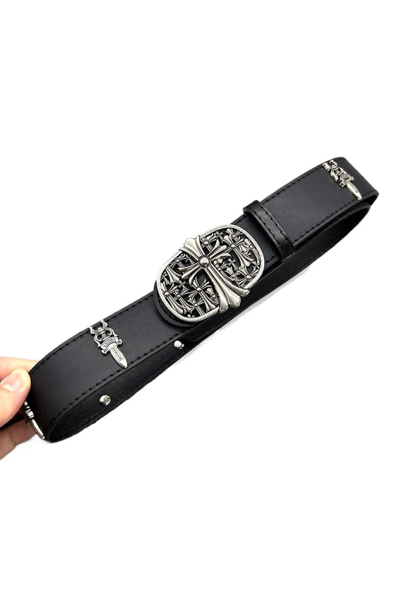 Cross Rivet Belt Men's Metal Hollow Belt Women's Holy Sword Retro Belt Personalized Denim Belt