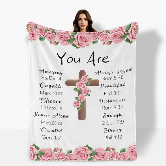 Cross Rose Fleece Blanket For Friends Couples Holiday Gift Religious Faith Encouragement Design Sofa Bed Travel Camping Polyester Throw Shipped From USA Soft Warm Comfortable Flannel Blanket Gift
