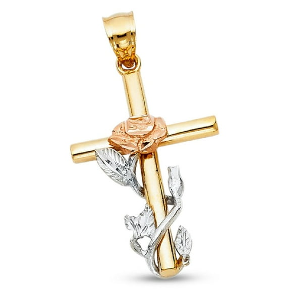 Cross & Rose Pendant Solid 14k Yellow White Rose Gold Fancy Religious Charm Tri Color 30 mm x 22 mm