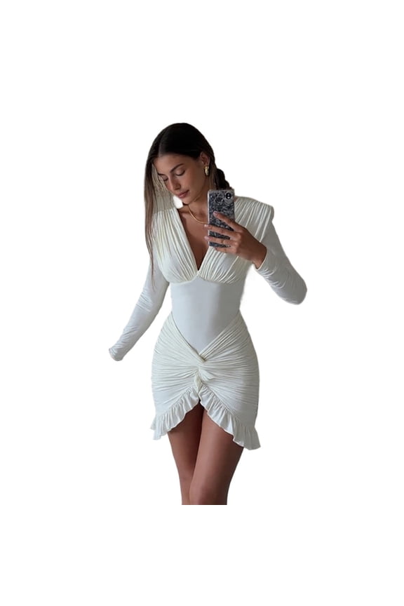 Cross Ruffle Trim Women Mini Dress Simple Solid V-neck Ruched Full Sleeve Body-shaping Frock Female Classic Street Vestido