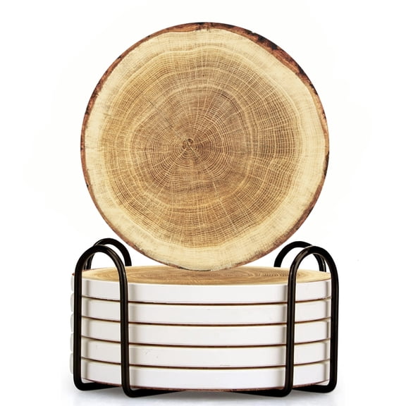 Cross-Section Of Tree Trunk Revealing Growth Rings Set of 6 Ceramic Coasters with Holder, Absorbent Drink Bar Coasters, Table Coasters for Living Room Decor Tabletop Protection