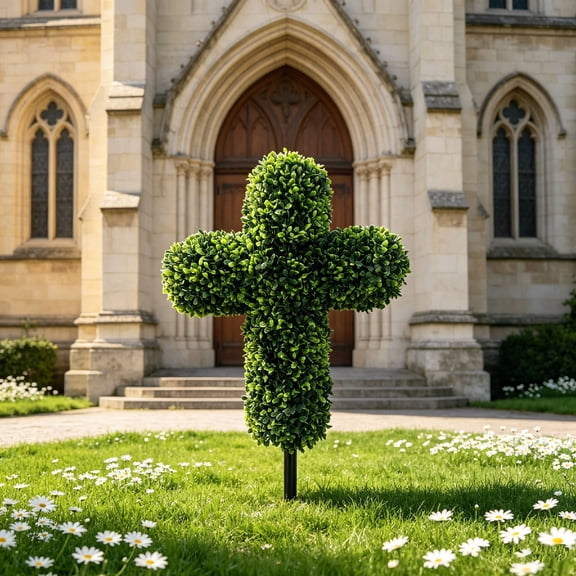 Cross Shaped Artificial Greenery Potted Picks, Realistic Faux Bonsai Ornaments, Exquisite Decorative Crafts for Easter, Church Scenes, Courtyard Trees and Outdoor Landscape Layout, Green