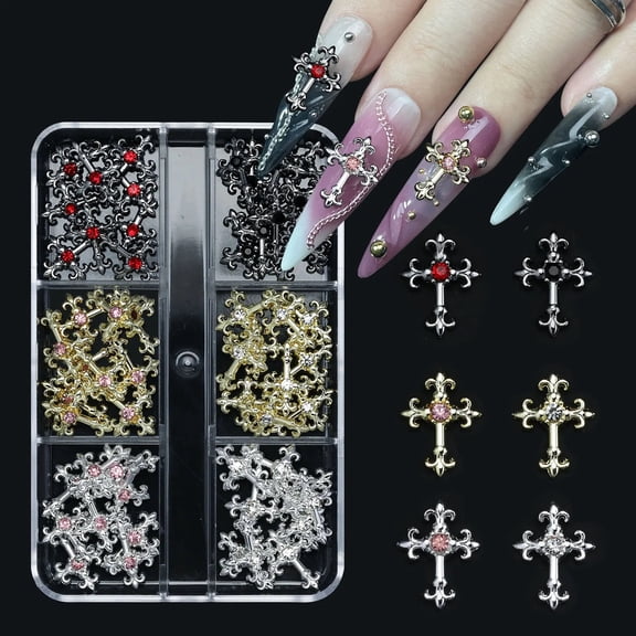 Cross-Shaped Diamond Nail Decorations - Premium Alloy Nail Art in Gold, Silver, and Black