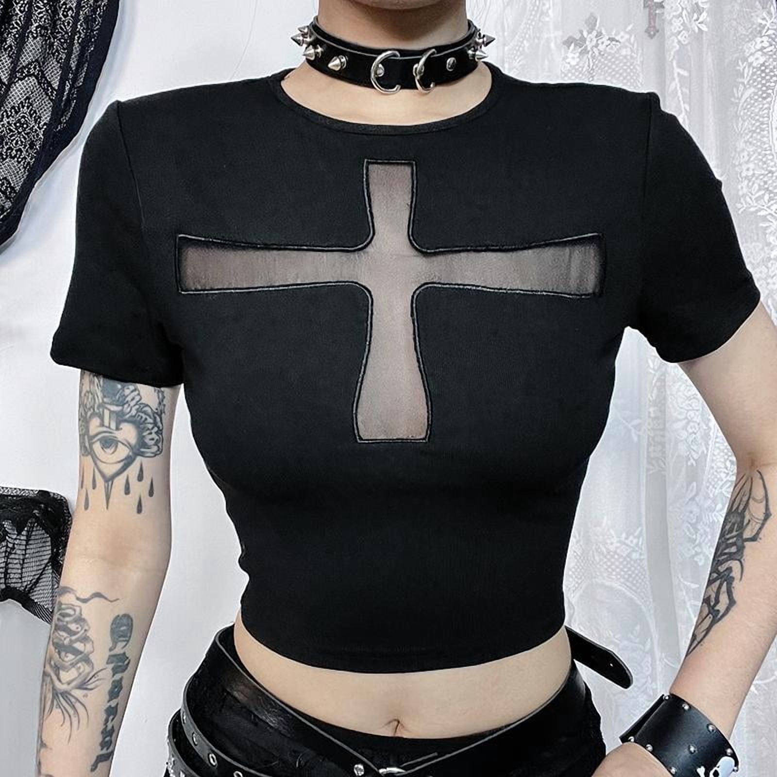Cross Sheer Mall Gothic Women T-shirts Grunge Aesthetic Punk Sexy Emo Black Top Streetwear Fashion Alternative Clothes - Walmart.com Cross Sheer Mall Gothic Women T-shirts Grunge Aesthetic Punk Sexy Emo Black Top Streetwear Fashion Alternative Clothes - Walmart.com