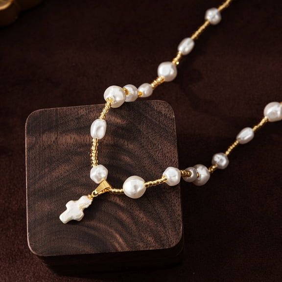 Cross Shell Pendant Natural Pearl Necklace