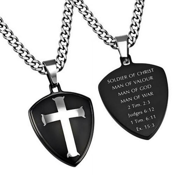 Cross Shield Necklace, 2 Timothy 2:3 MAN OF GOD, Stainless Steel Curb Chain