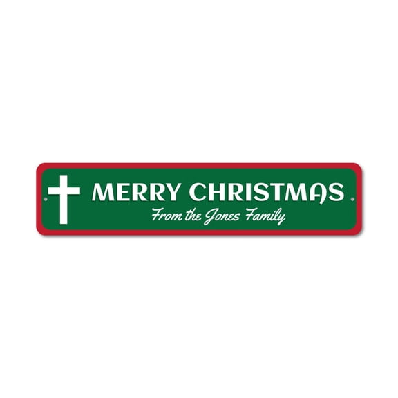 Cross Sign, Custom Merry Christmas Sign, Jesus Cross Decor, Jesus Sign, Family Name Decor, Holiday Aluminum Decor - 4x18 inches
