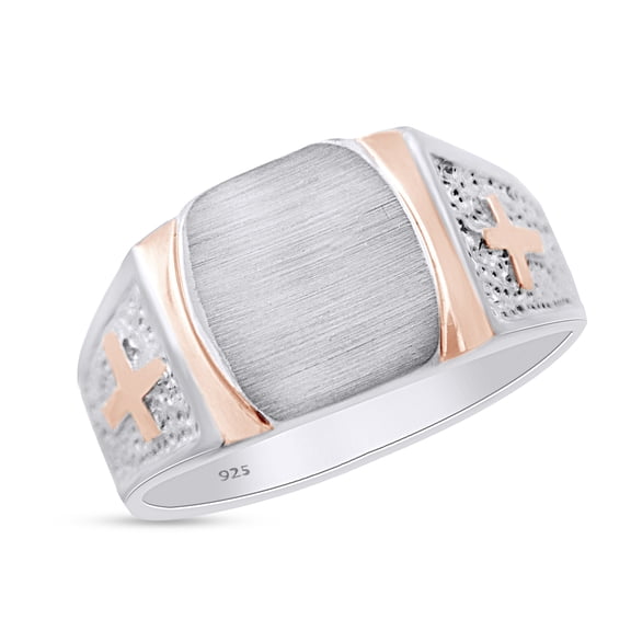 AFFY Cross Signet Ring Two Tone In 14K White Gold Over 925 Sterling Silver, Ring Size 11