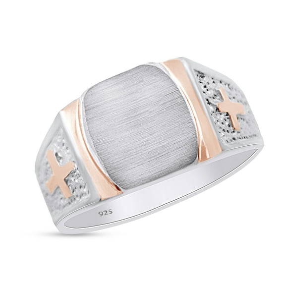 AFFY Cross Signet Ring Two Tone In 14K White Gold Over 925 Sterling Silver, Ring Size 12
