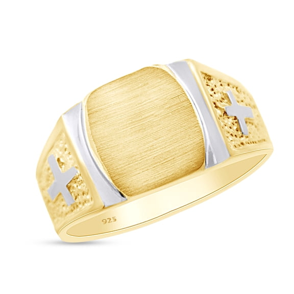 AFFY Cross Signet Ring Two Tone In 14K Yellow Gold Over 925 Sterling Silver, Ring Size 10