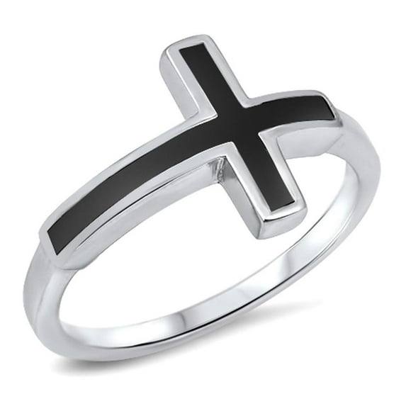 Cross Simulated Black Onyx Christian Ring 925 Sterling Silver Band CZ Jewelry Female Size 10