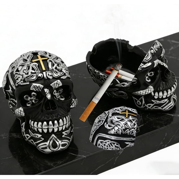 Cross Skull Ashtray with Lid - Windproof Tabletop Resin Cigarette Ash Tray for Home Office Tabletop Outside or Inside Patio Outdoor