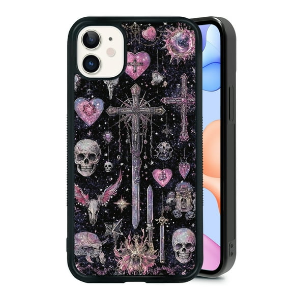 Cross Skull for iPhone 11 Case, Cute Aesthetic Pink Fashion Skull Shock-Absorbent Protective,Black