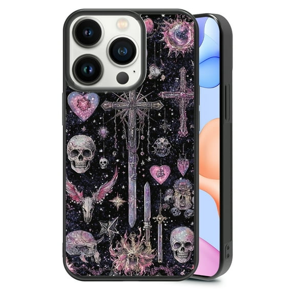 Cross Skull for iPhone 13 Pro Case, Cute Aesthetic Pink Fashion Skull Shock-Absorbent Protective,Black