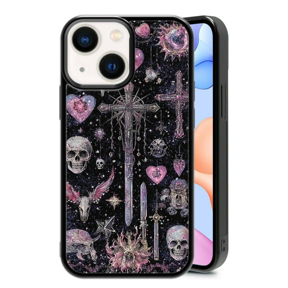 Cross Skull for iPhone 14/13 Case, Cute Aesthetic Pink Fashion Skull Shock-Absorbent Protective,Black