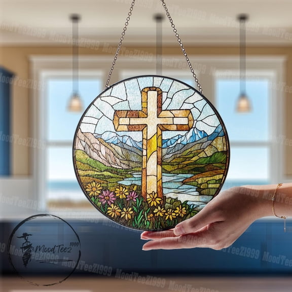 Cross Stained-Glass Style Suncatcher, Scenic Mountain & Floral Window Hanging