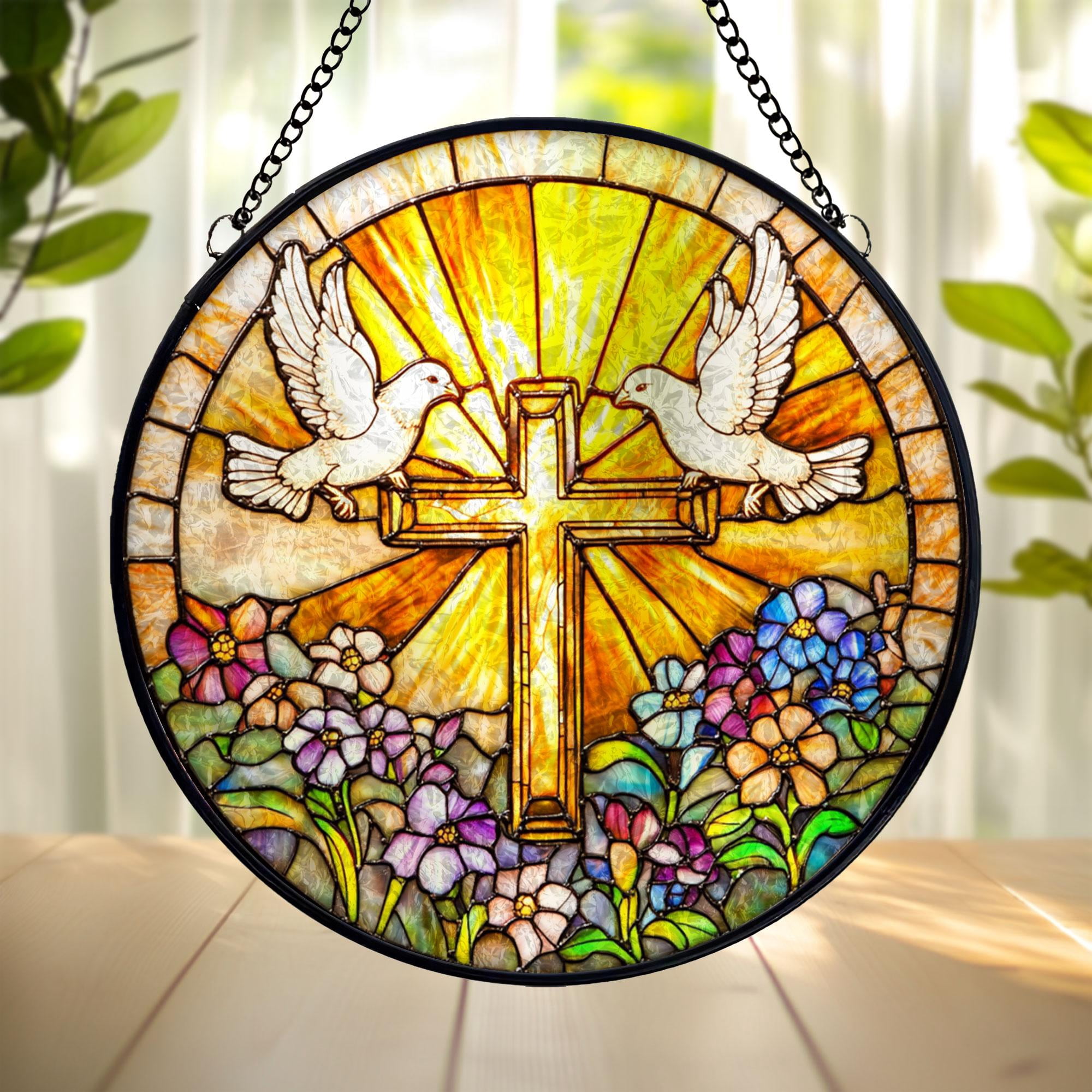 Cross Stained Glass Suncatcher with Doves, Christian Window Hanging ...