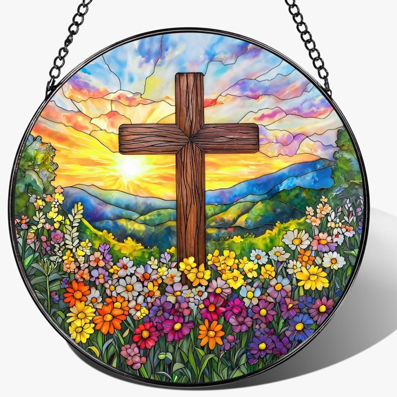 Cross Stained Glass Window Hanging Ornament Religious for Home Decor Suncatcher