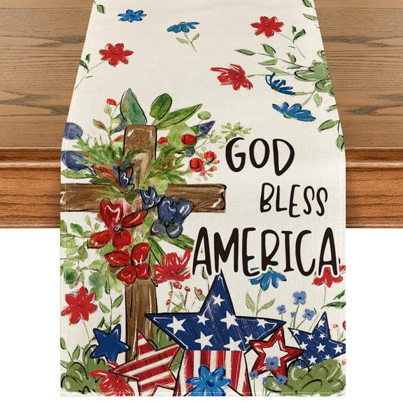 Cross Star Floral Patriotic 4th of July Table Runner, Memorial Day Kitchen Dining Table Decoration for Home Party Decor 13x72 Inch