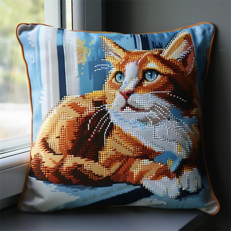 Cross Stitch Cushion Cover Animal cat Embroidery Kit Pillow Cases Stitch Throw Pillow 18x18in