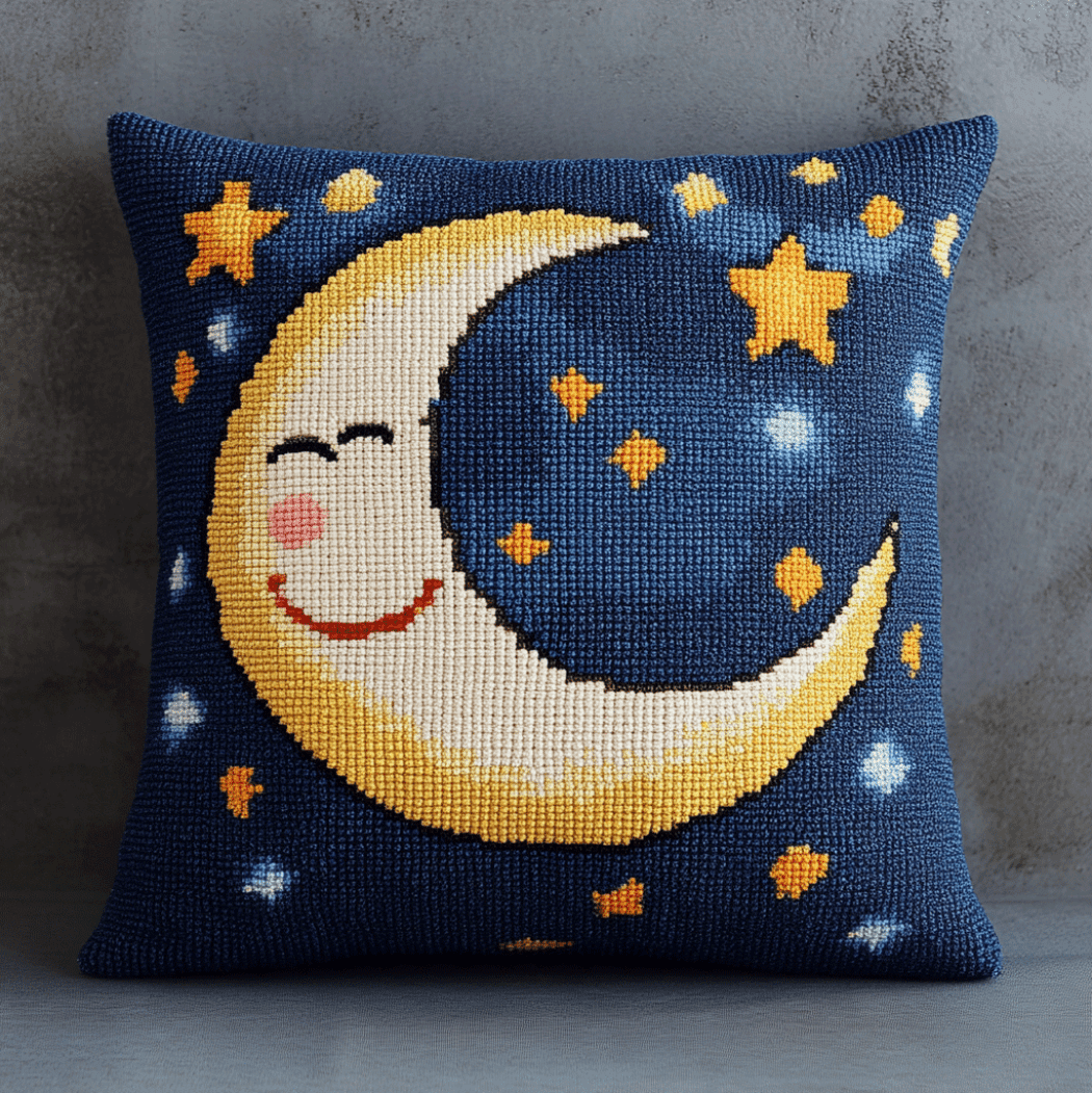 Cross Stitch Cushion Cover Cartoon Moon Embroidery Kit Stamped Cross Stitch Pillow Kits 18x18inch