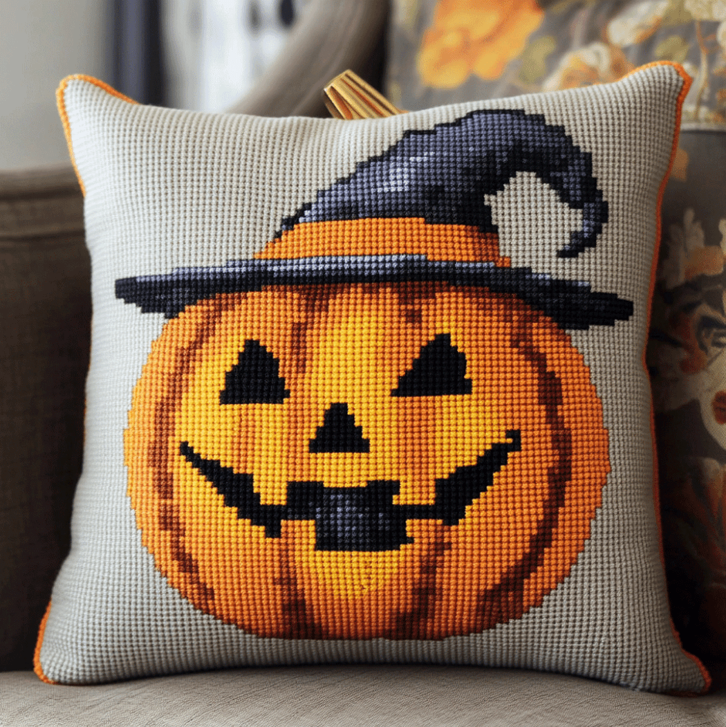 Cross Stitch Cushion Cover Cartoon Pumpkin Embroidery Pillow Cases Needlepoint Kits 18x18in
