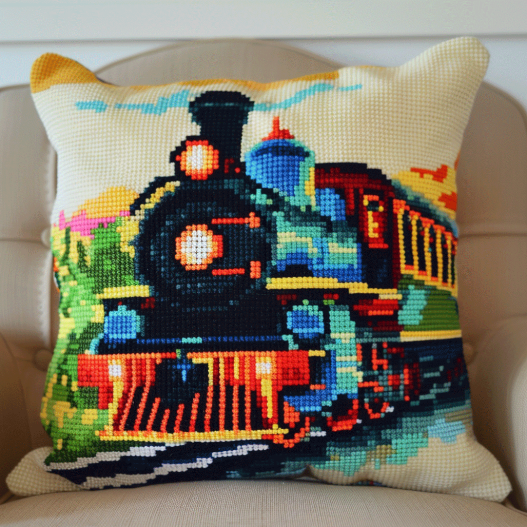 Cross Stitch Cushion Cover Cartoon train Embroidery Kit Stamped Cross Stitch Pillow Kits 18x18inch