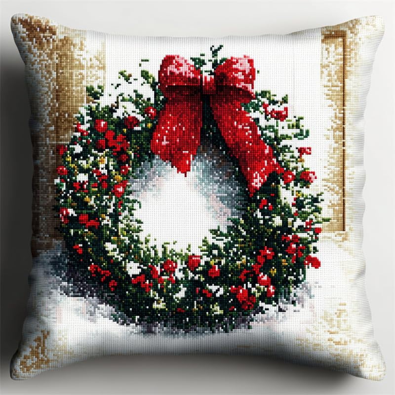 Cross Stitch Cushion Cover Christmas wreath Embroidery Kit Stamped Cross Stitch Pillow Kits 18x18inch