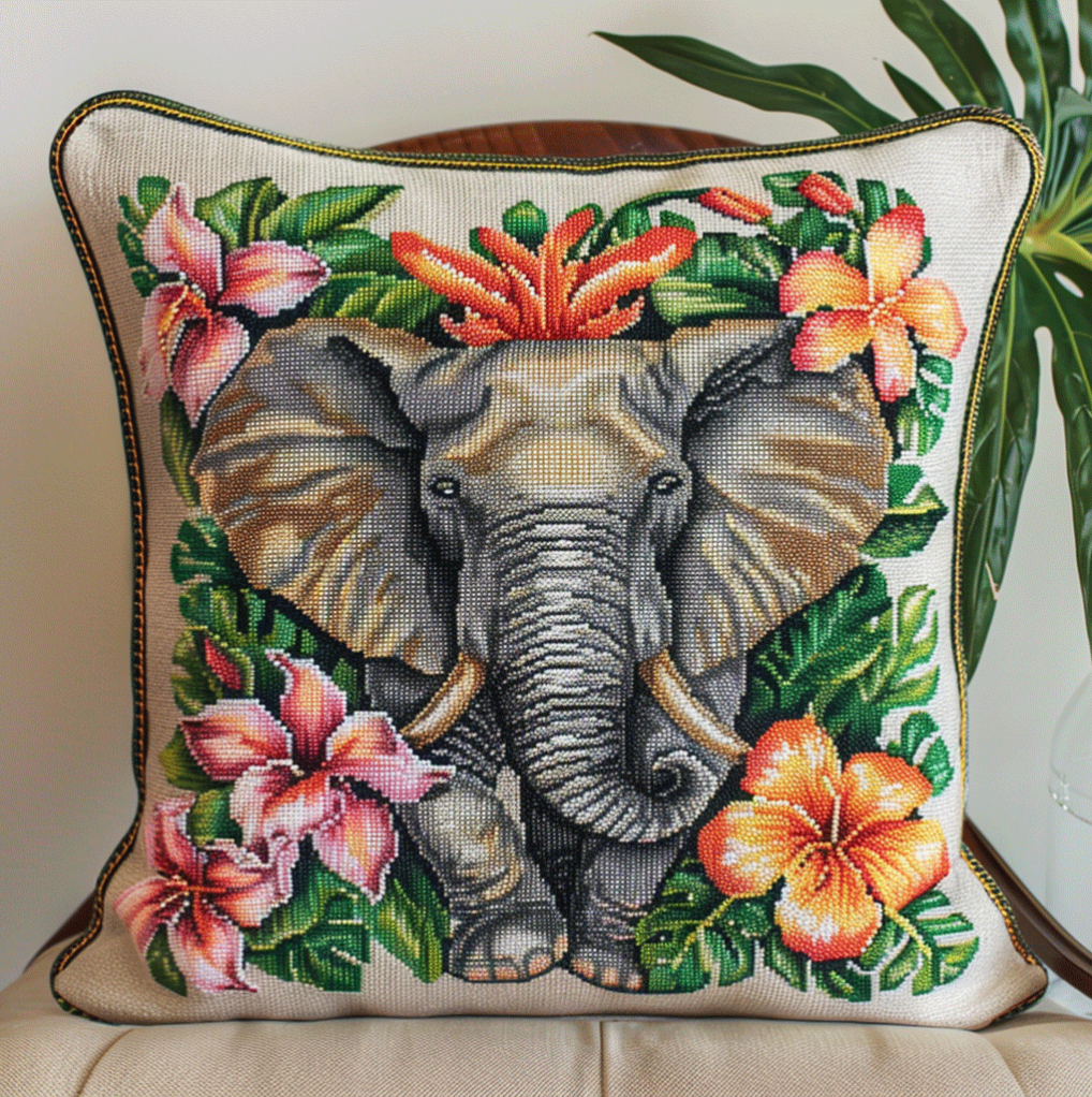 Cross Stitch Cushion Cover Flowers and elephants Embroidery Kit Stamped Cross Stitch Pillow Kits 18x18inch