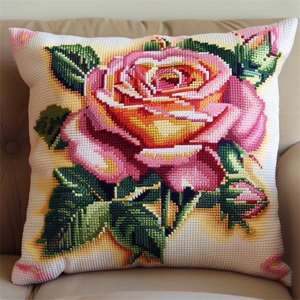 Cross Stitch Cushion Cover Pink Rose Flowers Embroidery Kit Stamped Cross Stitch Pillow Kits 18x18inch