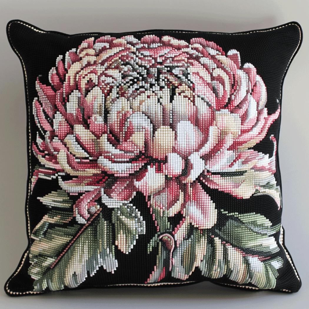Cross Stitch Cushion Cover Pink chrysanthemum flower Embroidery Pillow Cases Needlepoint Kits 18x18in